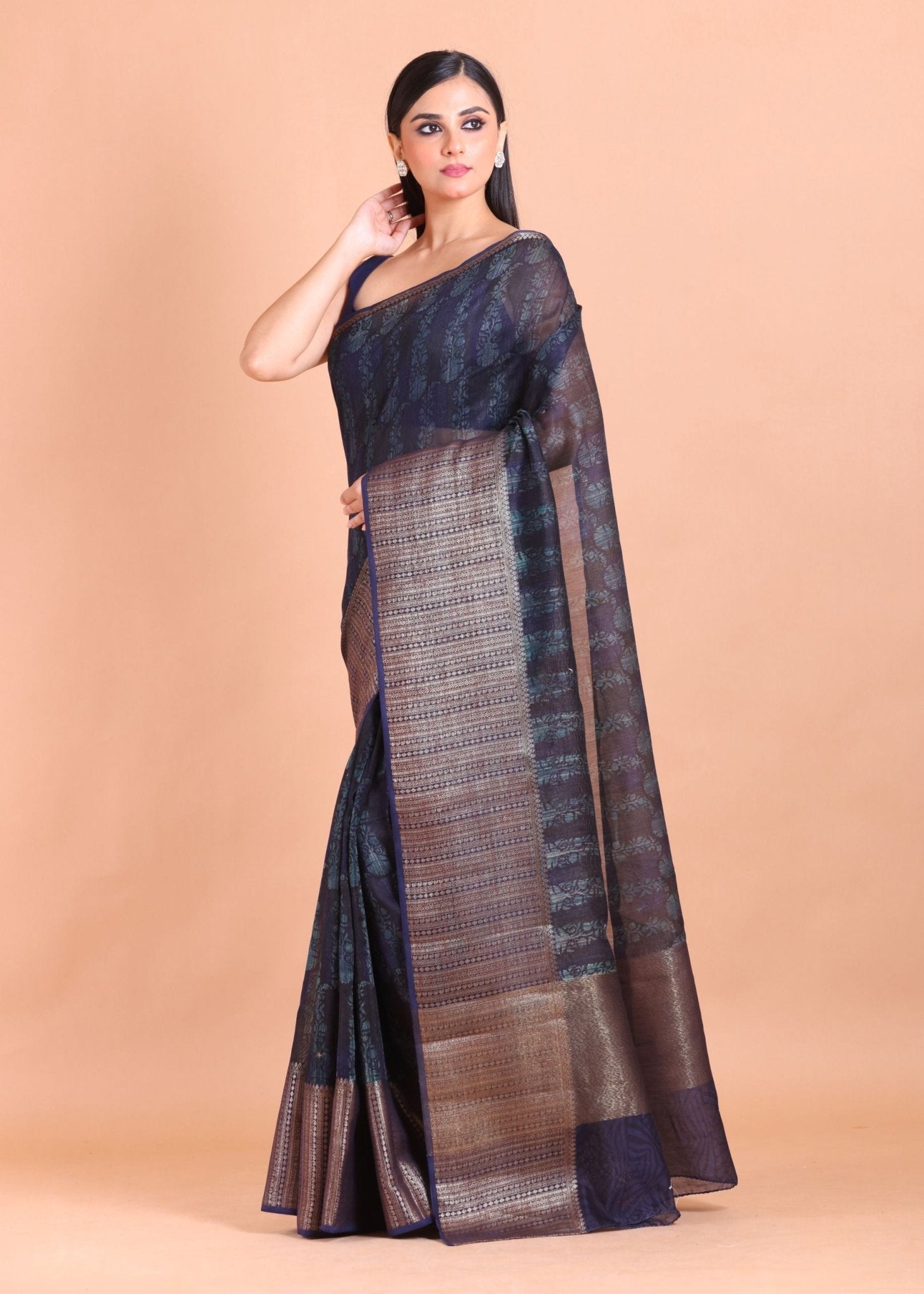 Blue Soft Silk Saree with Mat Gold Border - Anvi Couture
