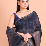 Blue Soft Silk Saree with Mat Gold Border - Anvi Couture