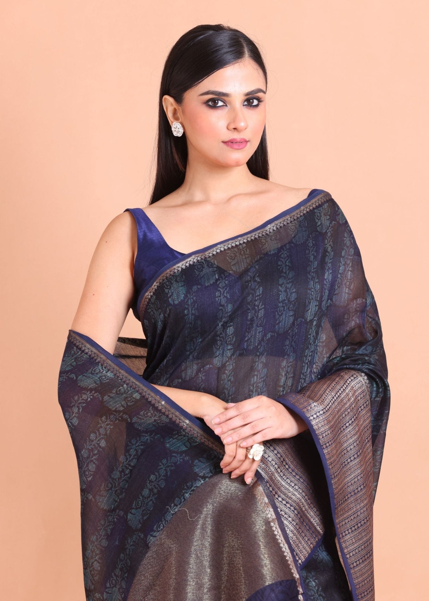 Blue Soft Silk Saree with Mat Gold Border - Anvi Couture