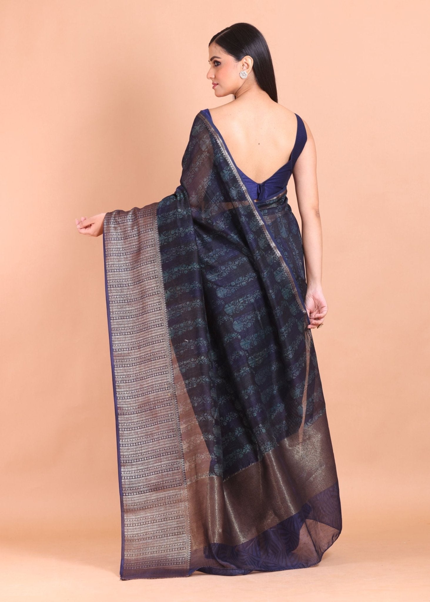 Blue Soft Silk Saree with Mat Gold Border - Anvi Couture