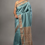 Blue Soft Silk Saree with Reshm Floral Thread border and pallu - Anvi Couture