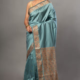Blue Soft Silk Saree with Reshm Floral Thread border and pallu - Anvi Couture