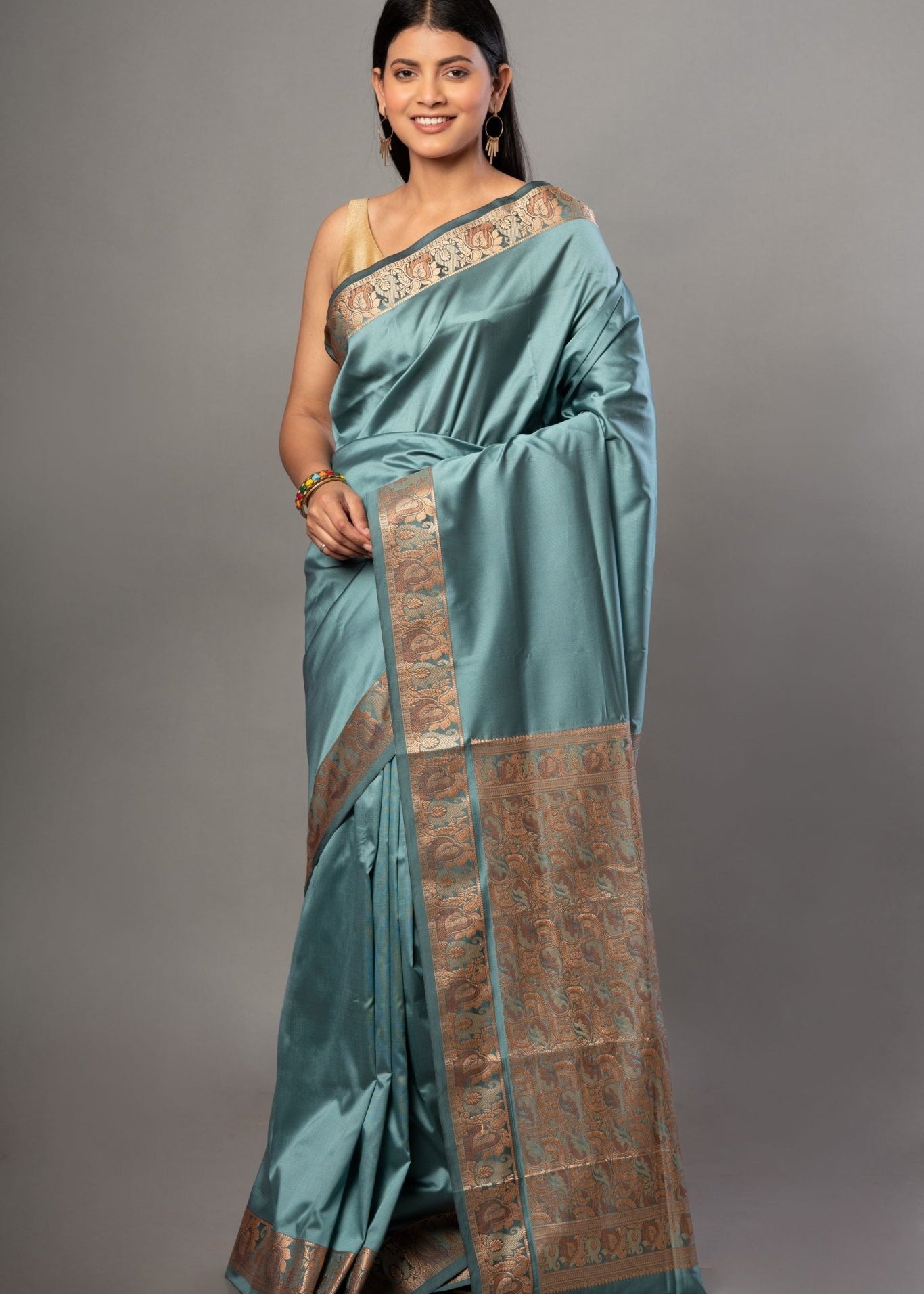 Blue Soft Silk Saree with Reshm Floral Thread border and pallu - Anvi Couture