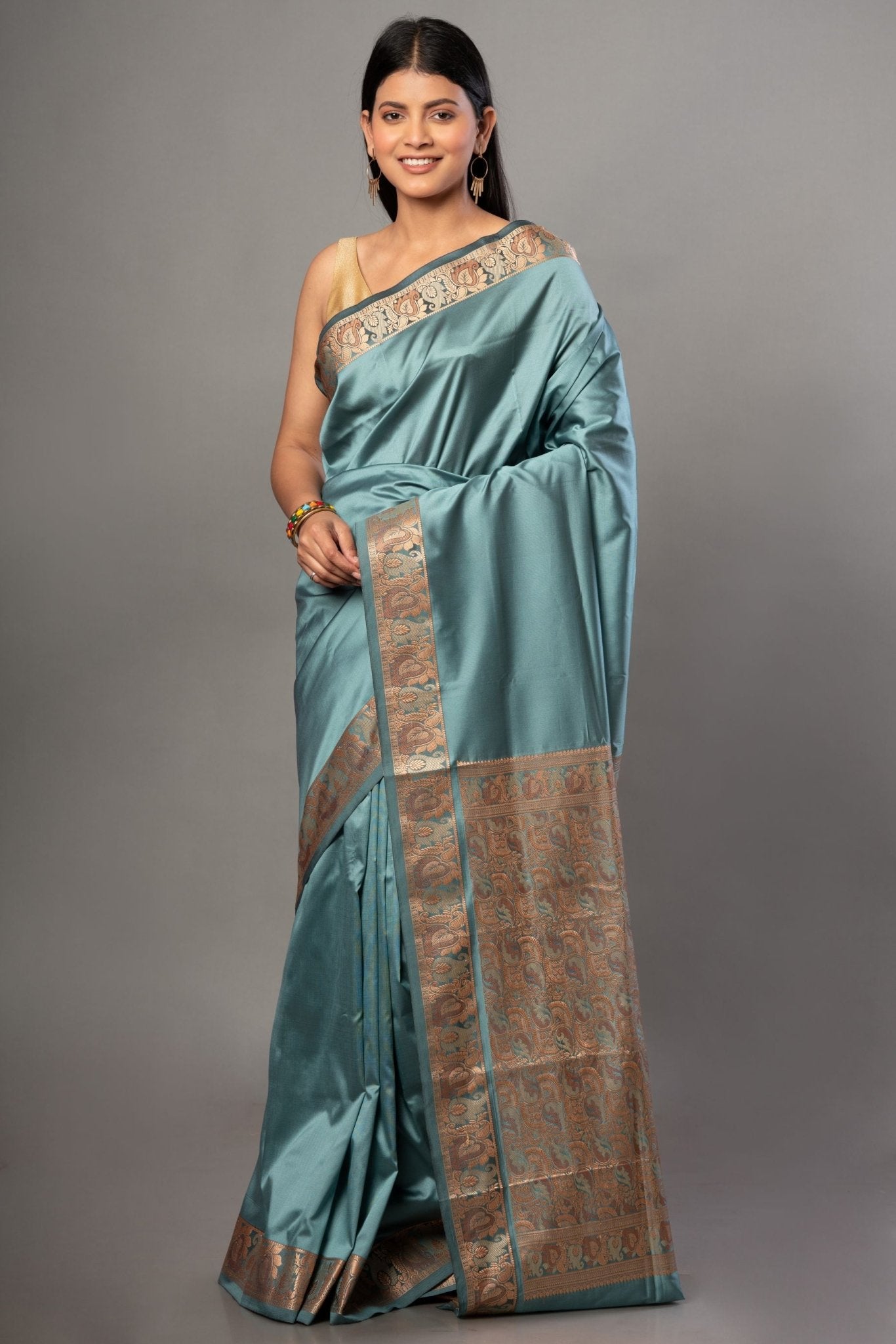 Blue Soft Silk Saree with Reshm Floral Thread border and pallu - Anvi Couture