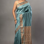 Blue Soft Silk Saree with Reshm Floral Thread border and pallu - Anvi Couture