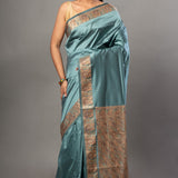 Blue Soft Silk Saree with Reshm Floral Thread border and pallu - Anvi Couture