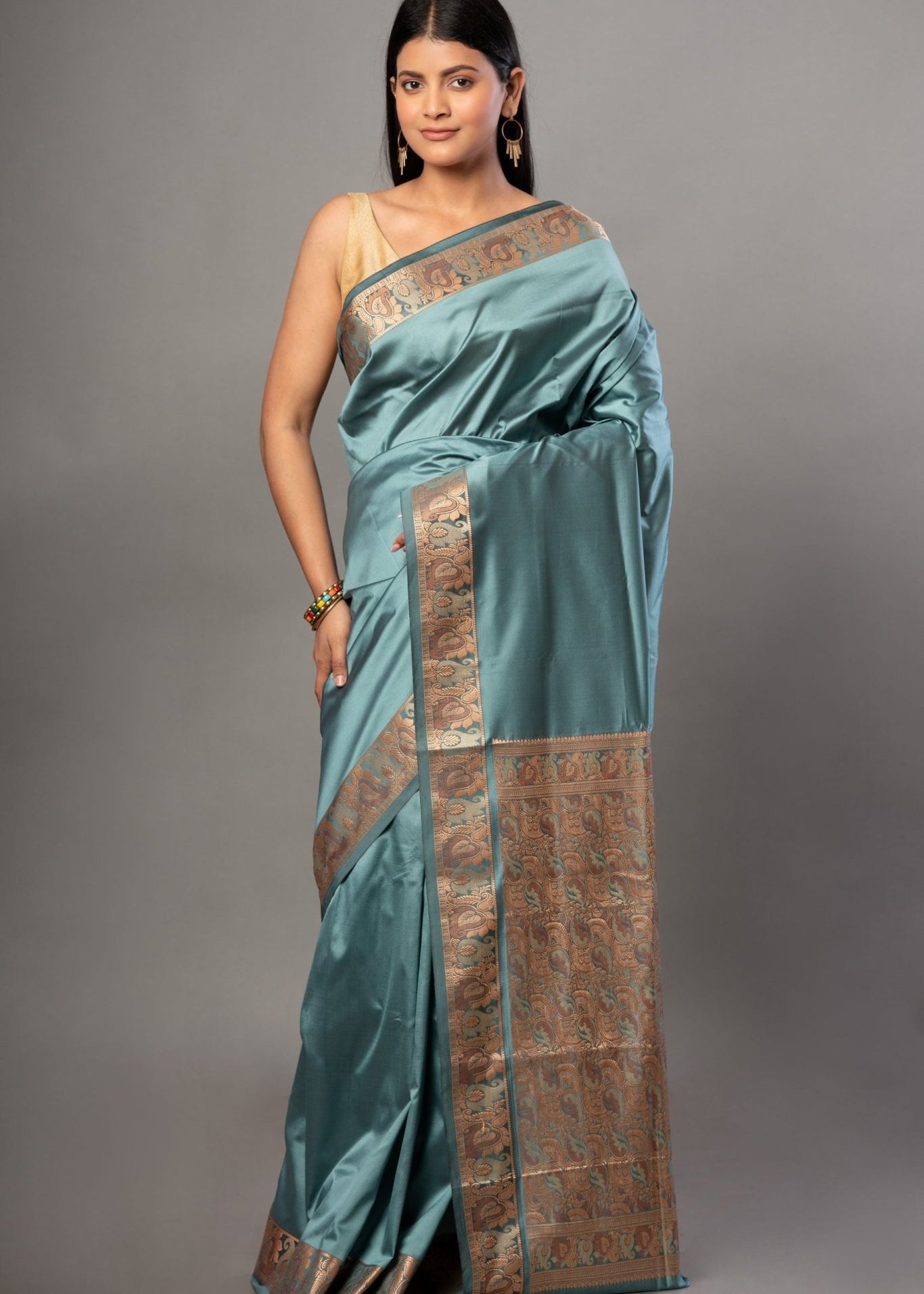 Blue Soft Silk Saree with Reshm Floral Thread border and pallu - Anvi Couture