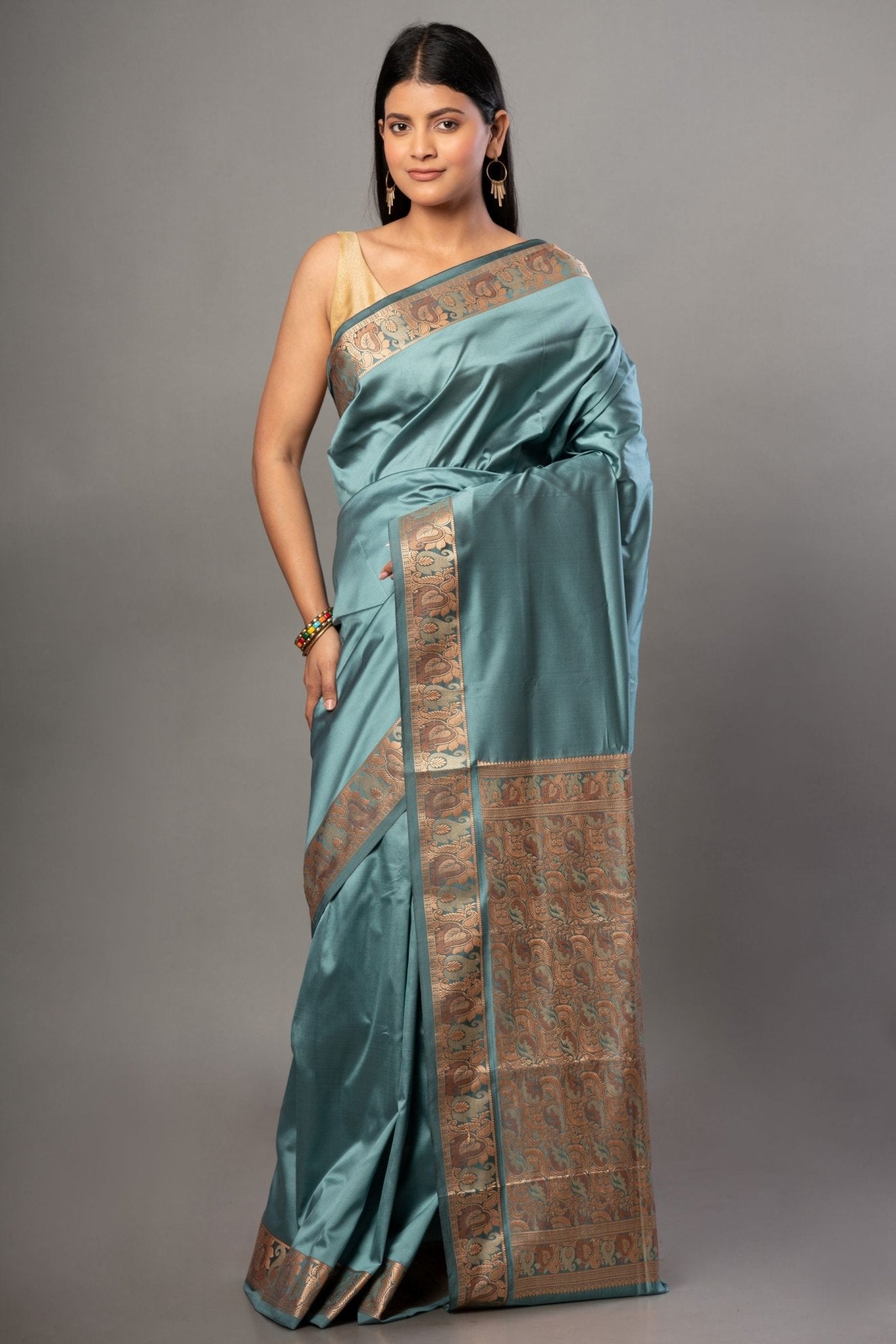 Blue Soft Silk Saree with Reshm Floral Thread border and pallu - Anvi Couture