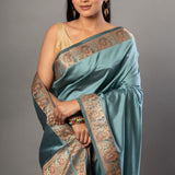 Blue Soft Silk Saree with Reshm Floral Thread border and pallu - Anvi Couture