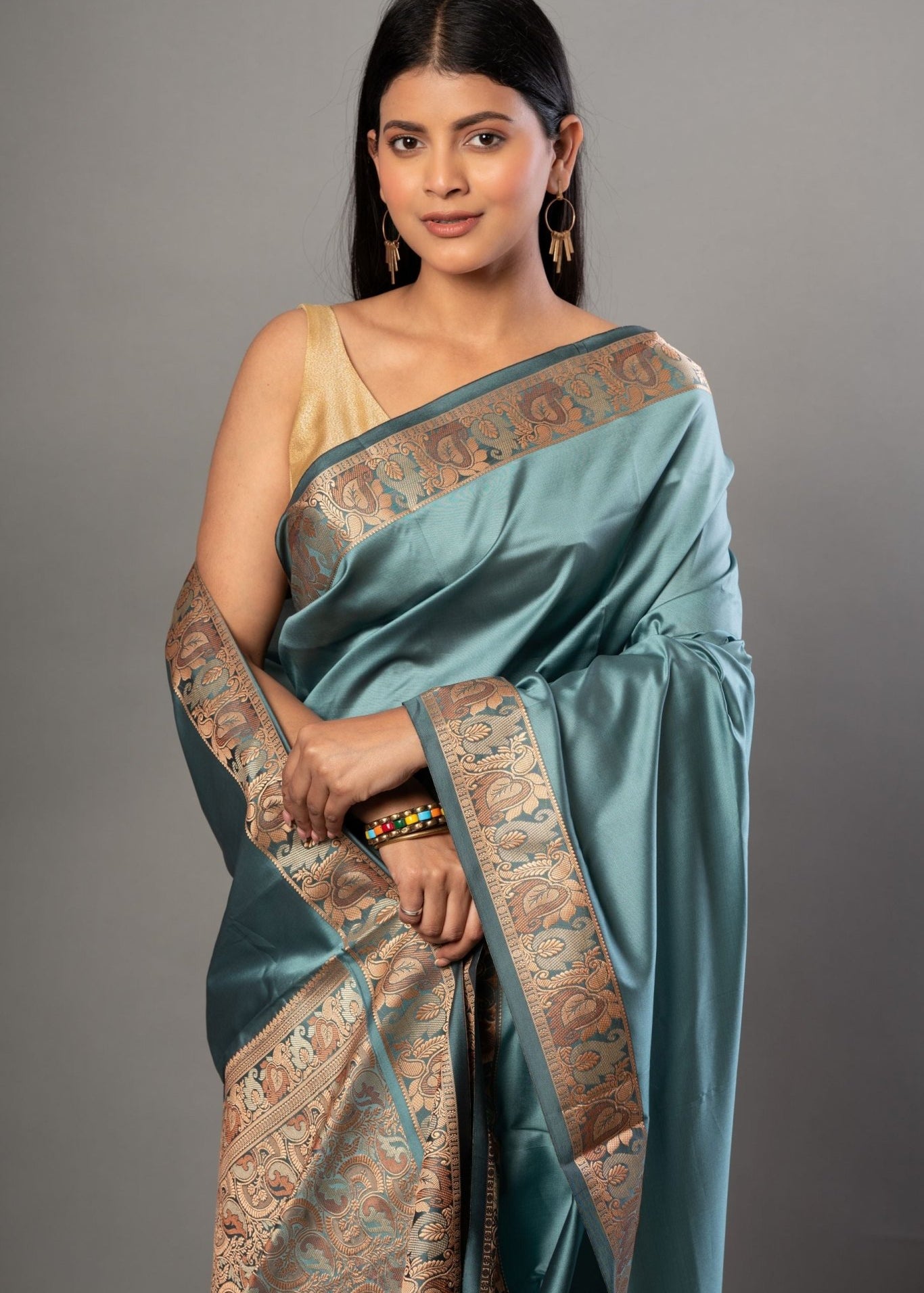 Blue Soft Silk Saree with Reshm Floral Thread border and pallu - Anvi Couture