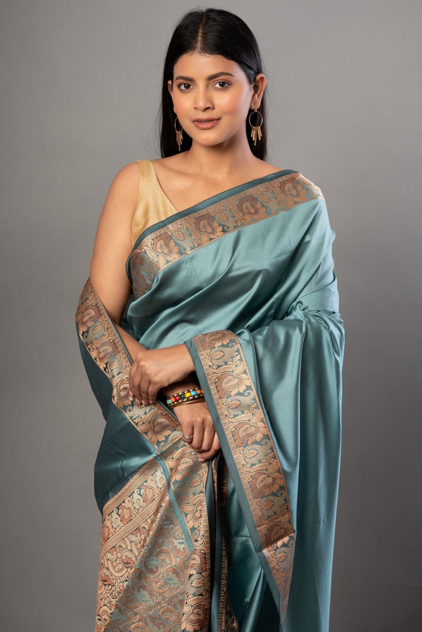 Blue Soft Silk Saree with Reshm Floral Thread border and pallu - Anvi Couture