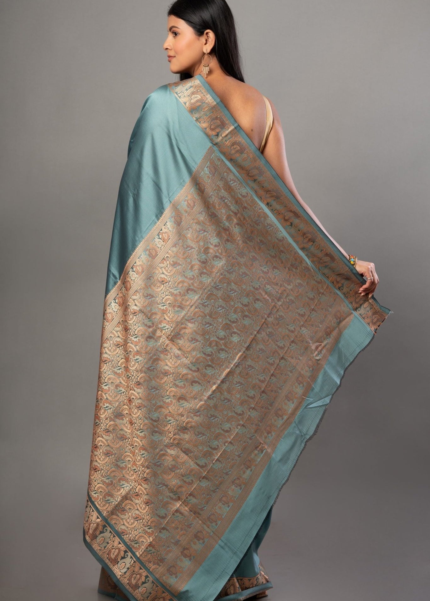 Blue Soft Silk Saree with Reshm Floral Thread border and pallu - Anvi Couture