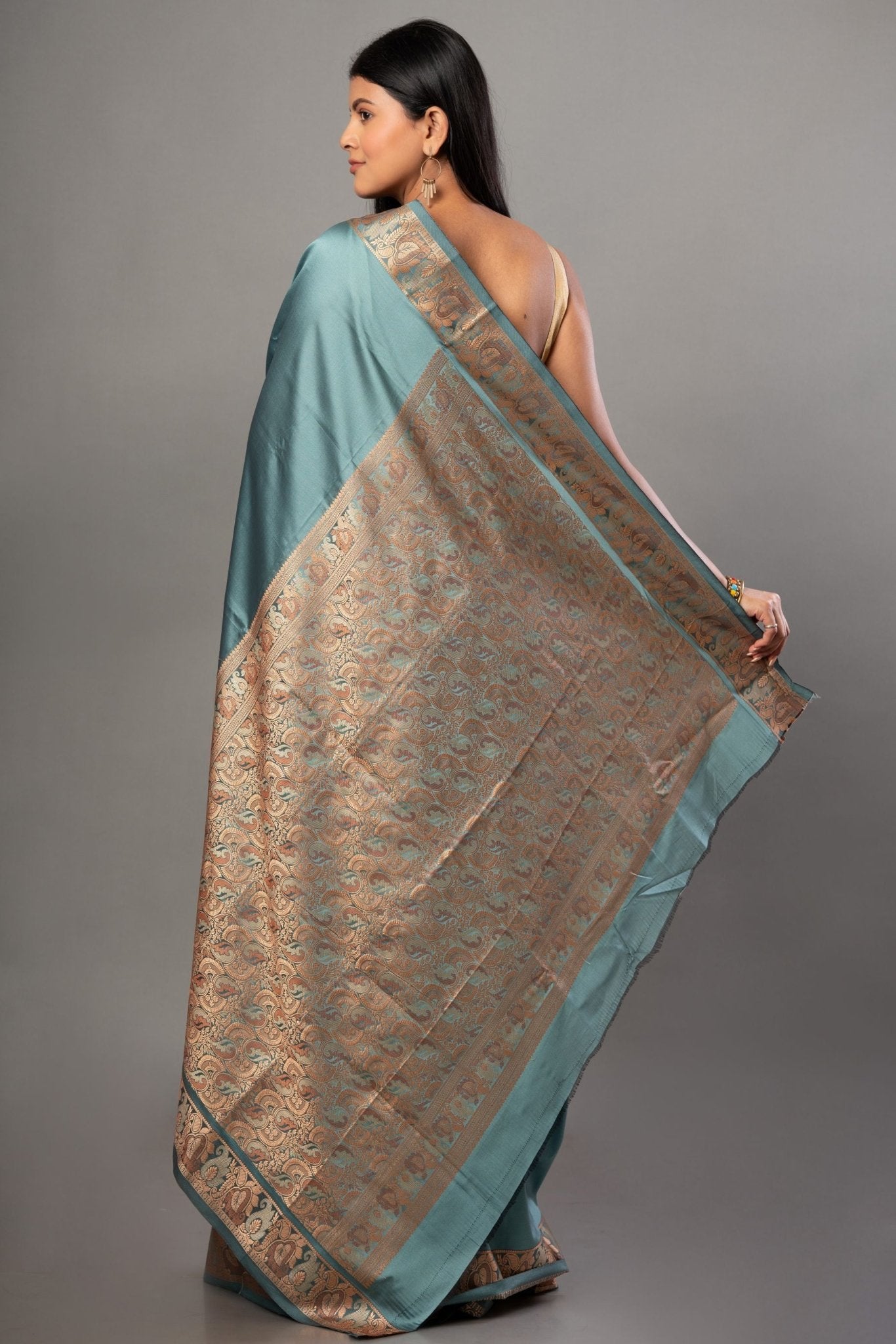 Blue Soft Silk Saree with Reshm Floral Thread border and pallu - Anvi Couture