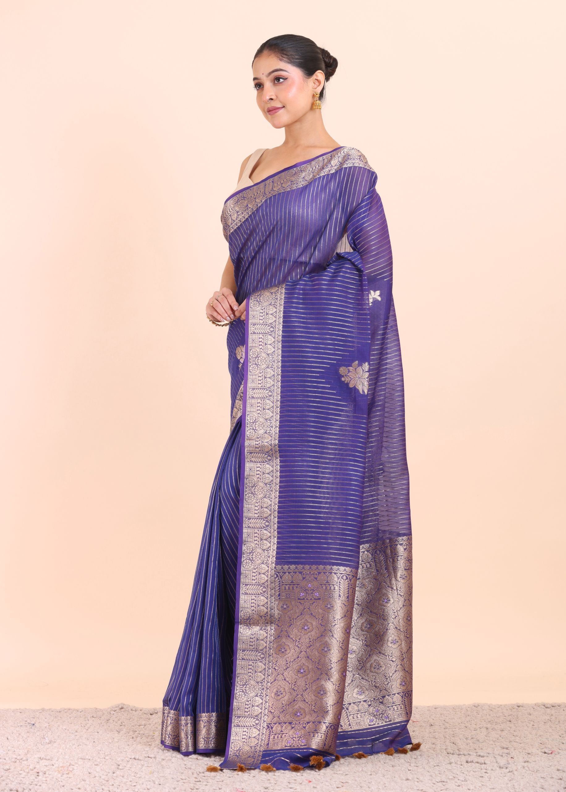 Blue Soft Silk Saree with Silver Border and Pallu Side View