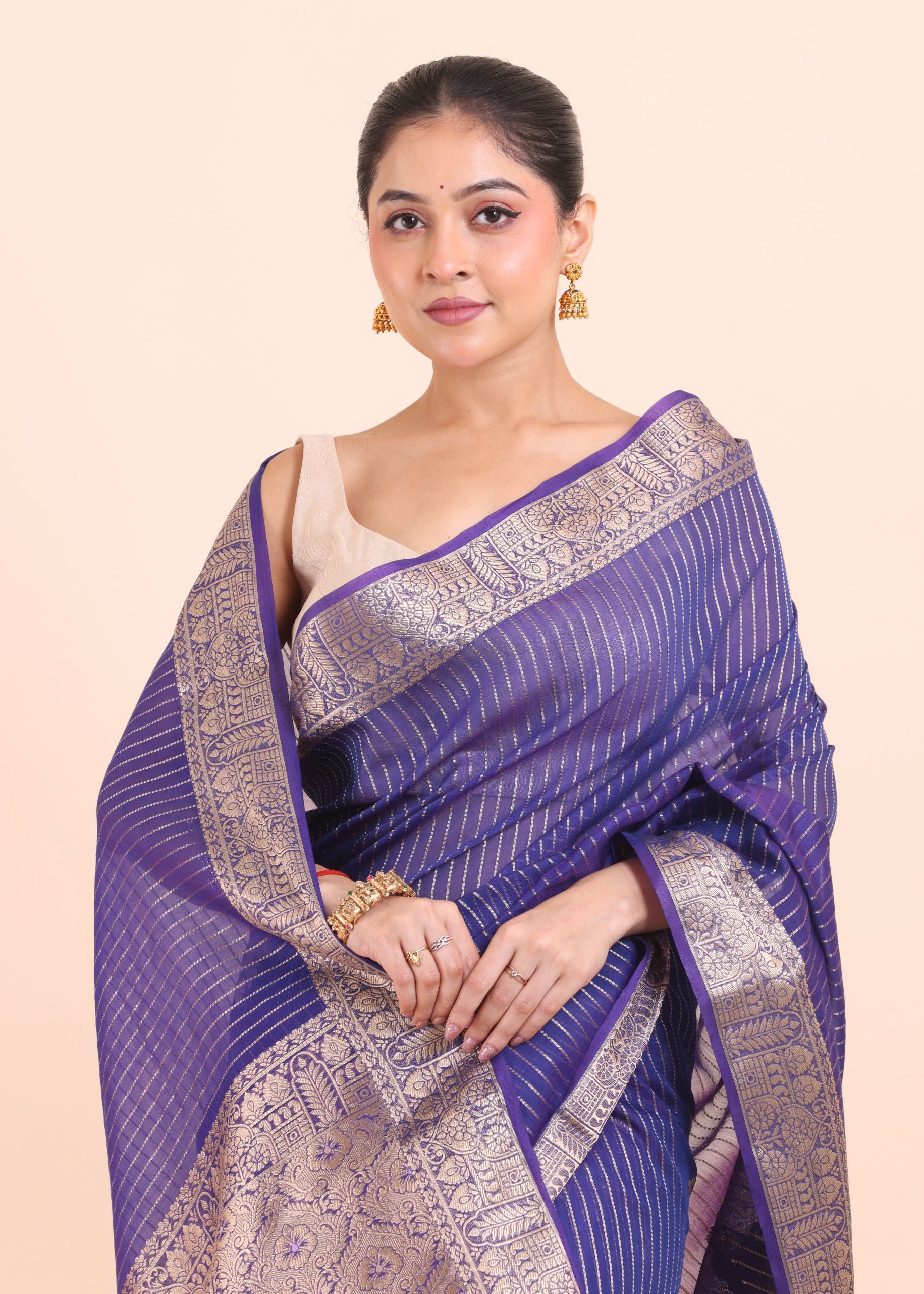 Blue Soft Silk Saree with Silver Border and Pallu Close Up View