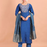 Blue Thread Embroidered Long Kurti Set Full view