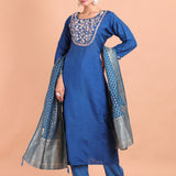 Blue Thread Embroidered Long Kurti Set Side View