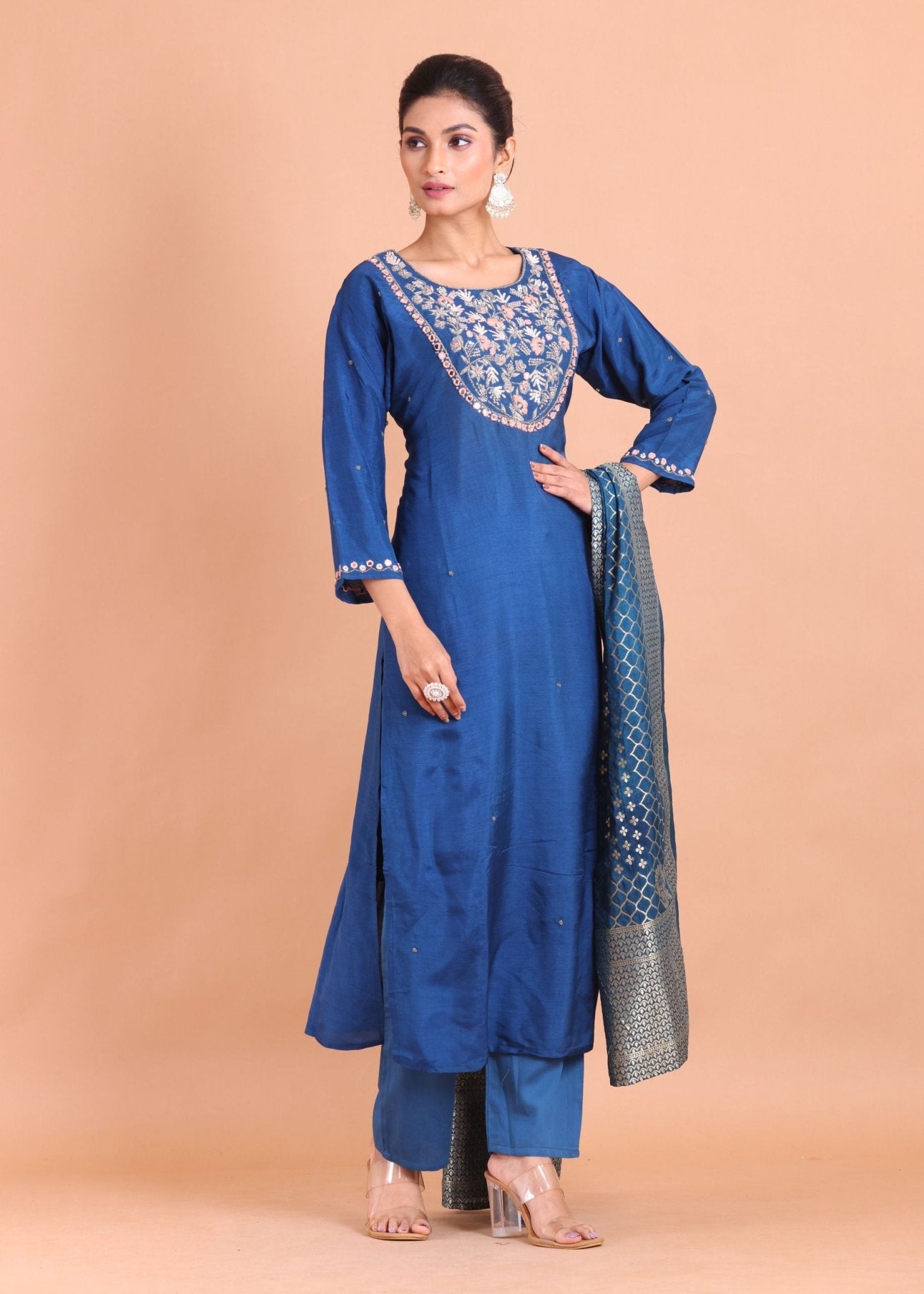 Blue Thread Embroidered Long Kurti Set - Anvi Couture