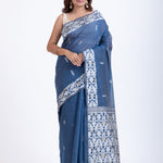 Blue & White Jamdani Handloom Saree - Anvi Couture