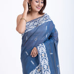 Blue & White Jamdani Handloom Saree - Anvi Couture