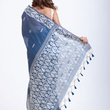 Blue & White Jamdani Handloom Saree - Anvi Couture
