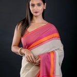 Blue and Pink Bengal Cotton Handloom Saree Close-Up – Anvi Couture