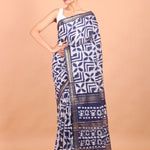 Blue and White Batik Handloom Printed Cotton Silk Saree : Full view
