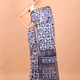 Blue and White Batik Handloom Printed Cotton Silk Saree : Full view