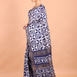 Blue and White Batik Handloom Printed Cotton Silk Saree Side View