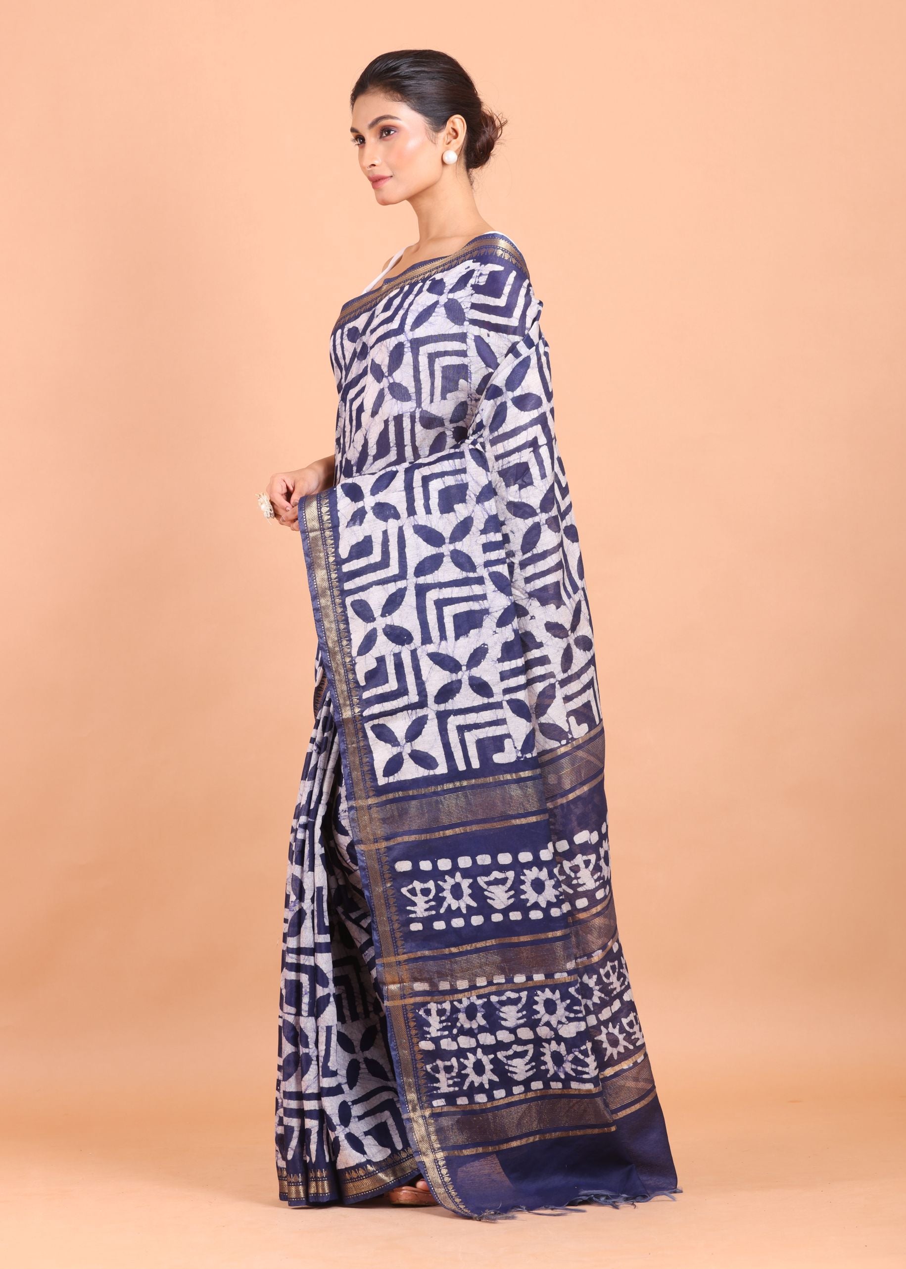 Blue and White Batik Handloom Printed Cotton Silk Saree Side View