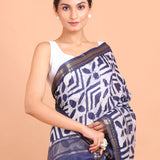 Blue and White Batik Handloom Printed Cotton Silk Saree Close Up