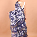 Blue and White Batik Handloom Printed Cotton Silk Saree Back