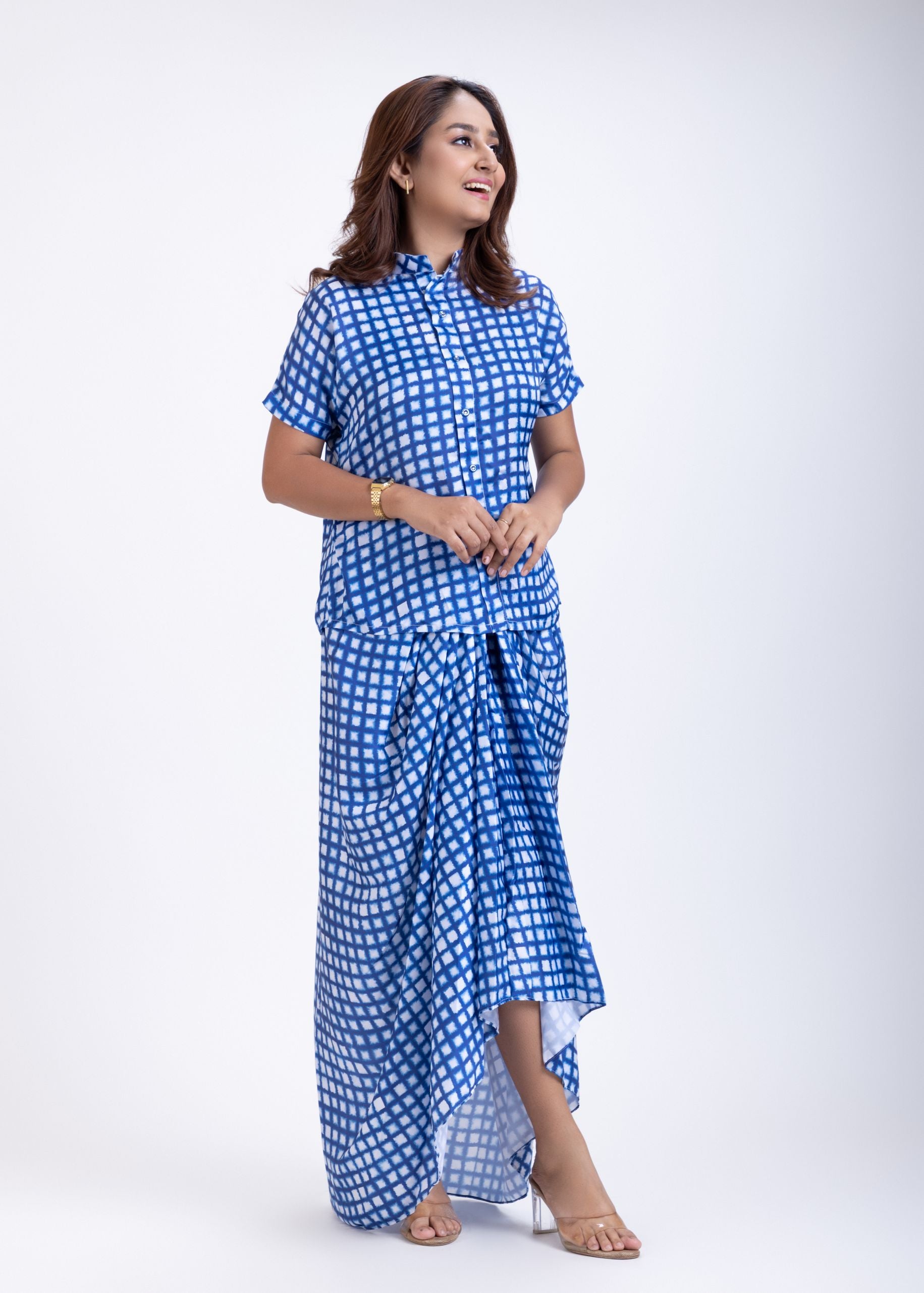Blue and White Drape Skirt Set Front

