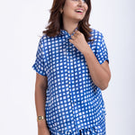 Blue and White Drape Skirt Set Close Up

