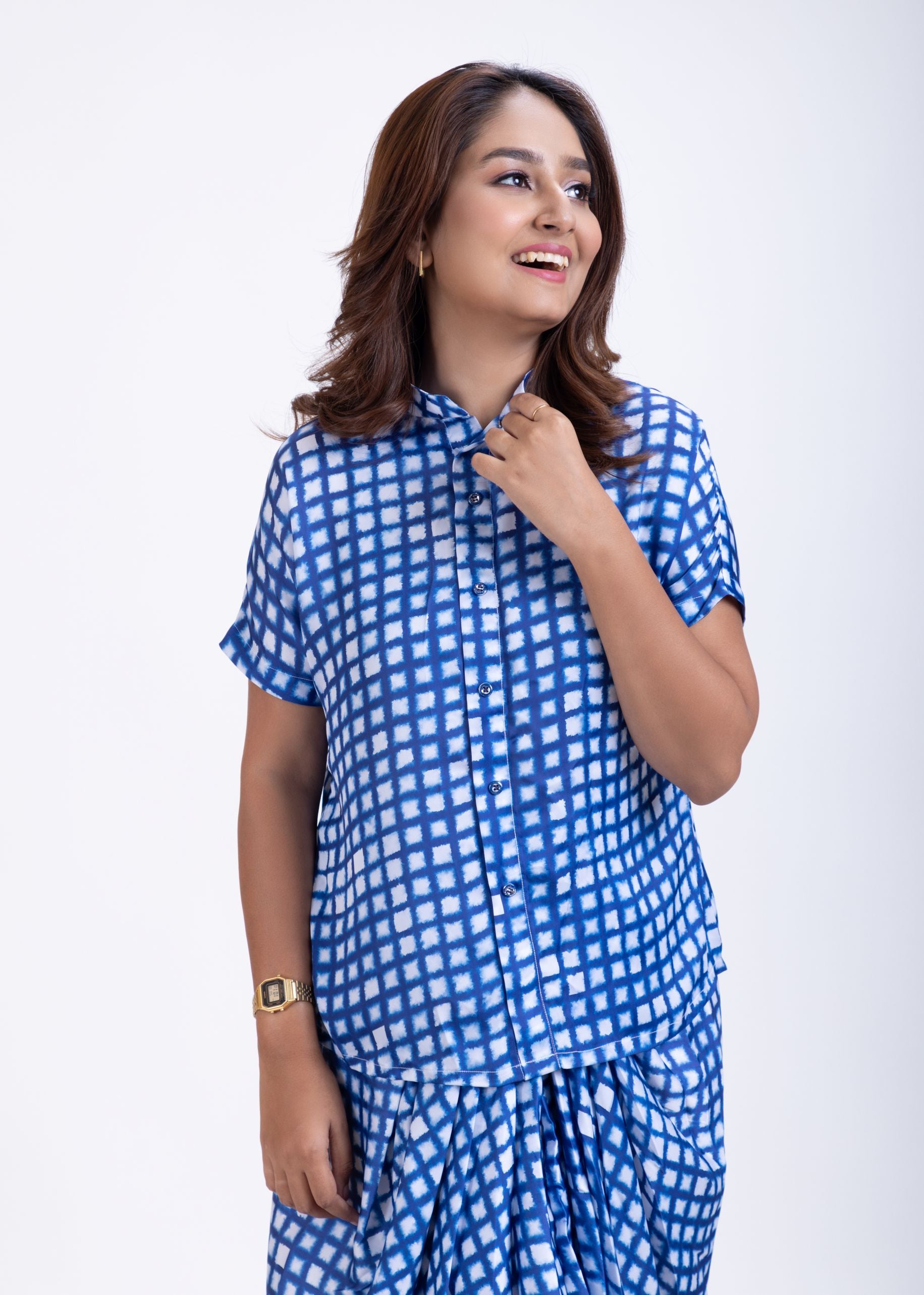 Blue and White Drape Skirt Set Close Up

