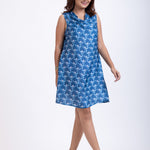 Blue and White Printed Cowl Neck Short Dress Full
