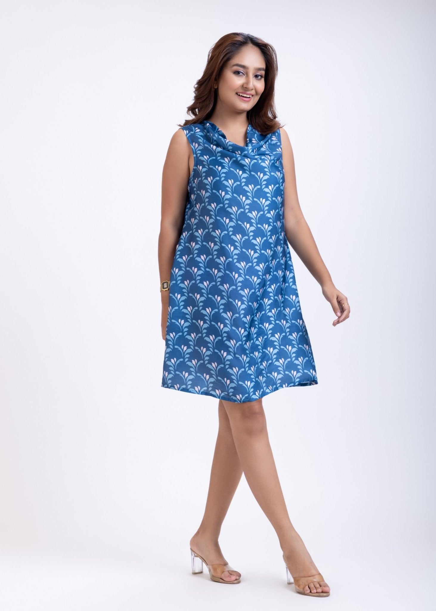 Blue and White Printed Cowl Neck Short Dress - Anvi Couture
