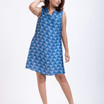 Blue and White Printed Cowl Neck Short Dress Front