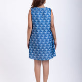 Blue and White Printed Cowl Neck Short Dress Back