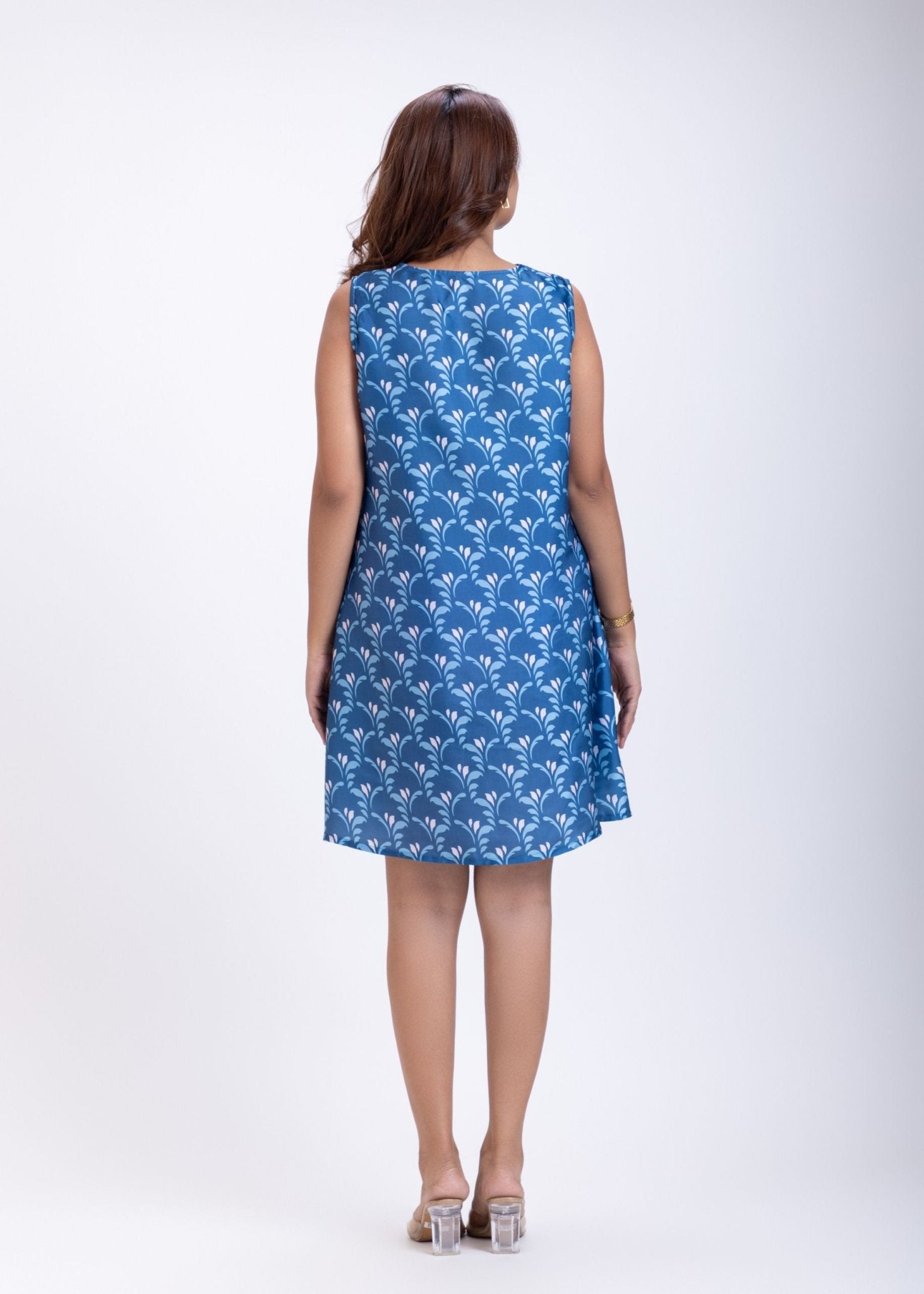 Blue and White Printed Cowl Neck Short Dress - Anvi Couture