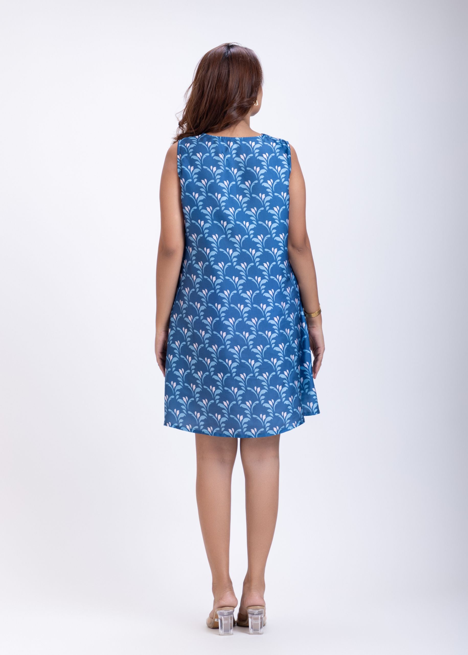 Blue and White Printed Cowl Neck Short Dress Back