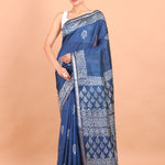 Blue and White Printed Pure Silk Saree Full view