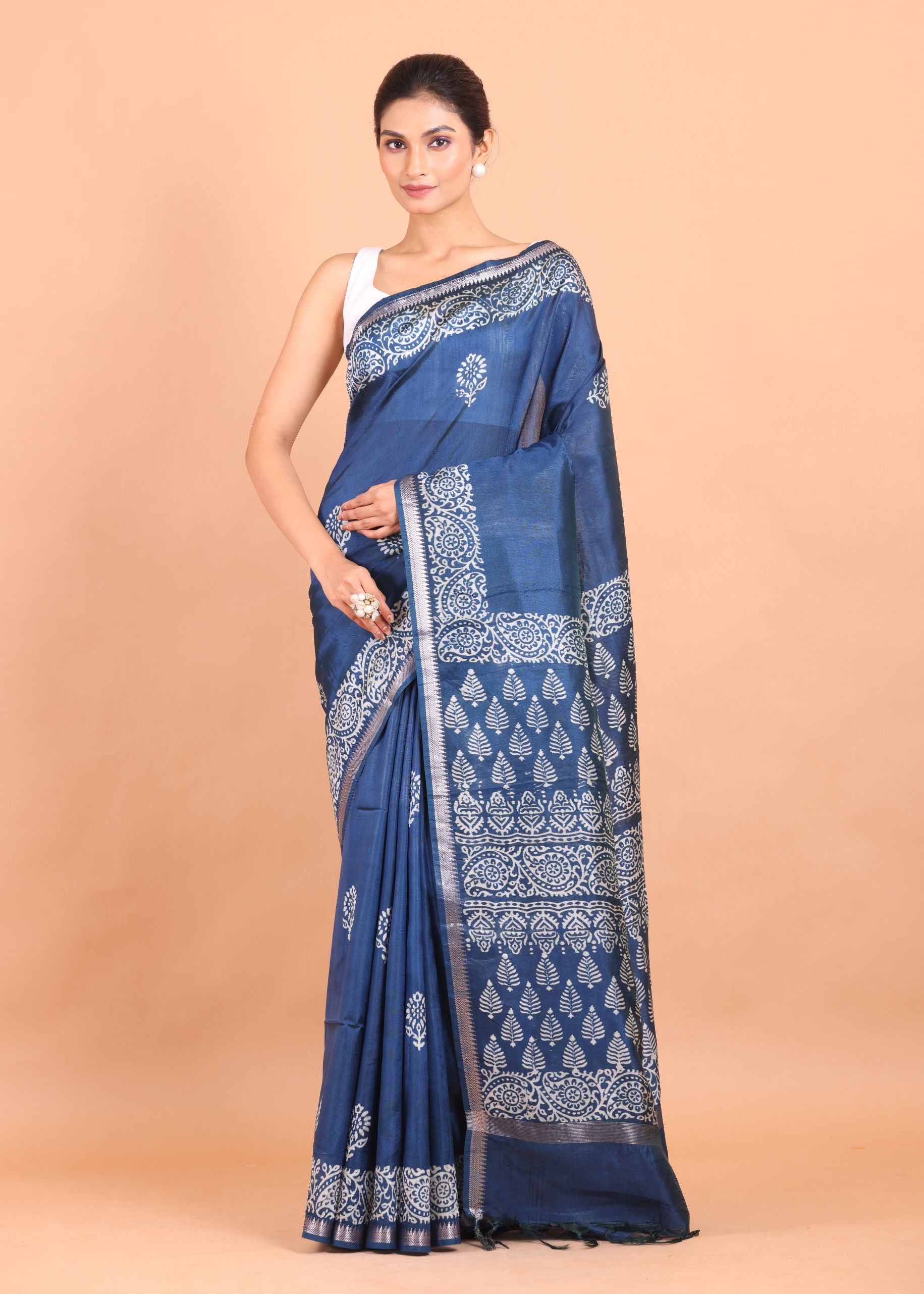 Blue and White Printed Pure Silk Saree Full view