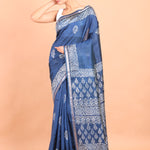 Blue and White Printed Pure Silk Saree side view