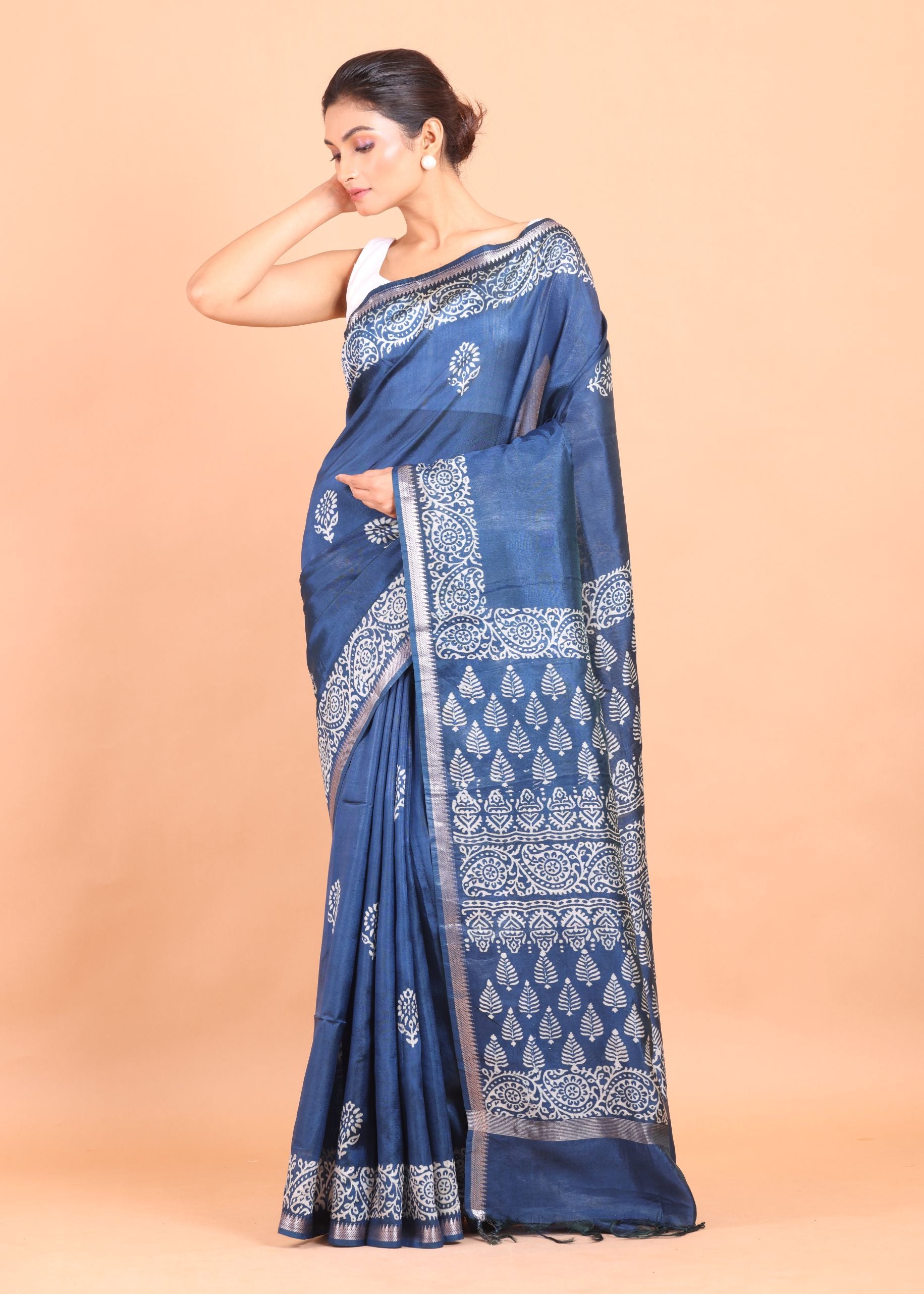 Blue and White Printed Pure Silk Saree side view