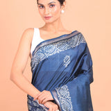 Blue and White Printed Pure Silk Saree Close Up