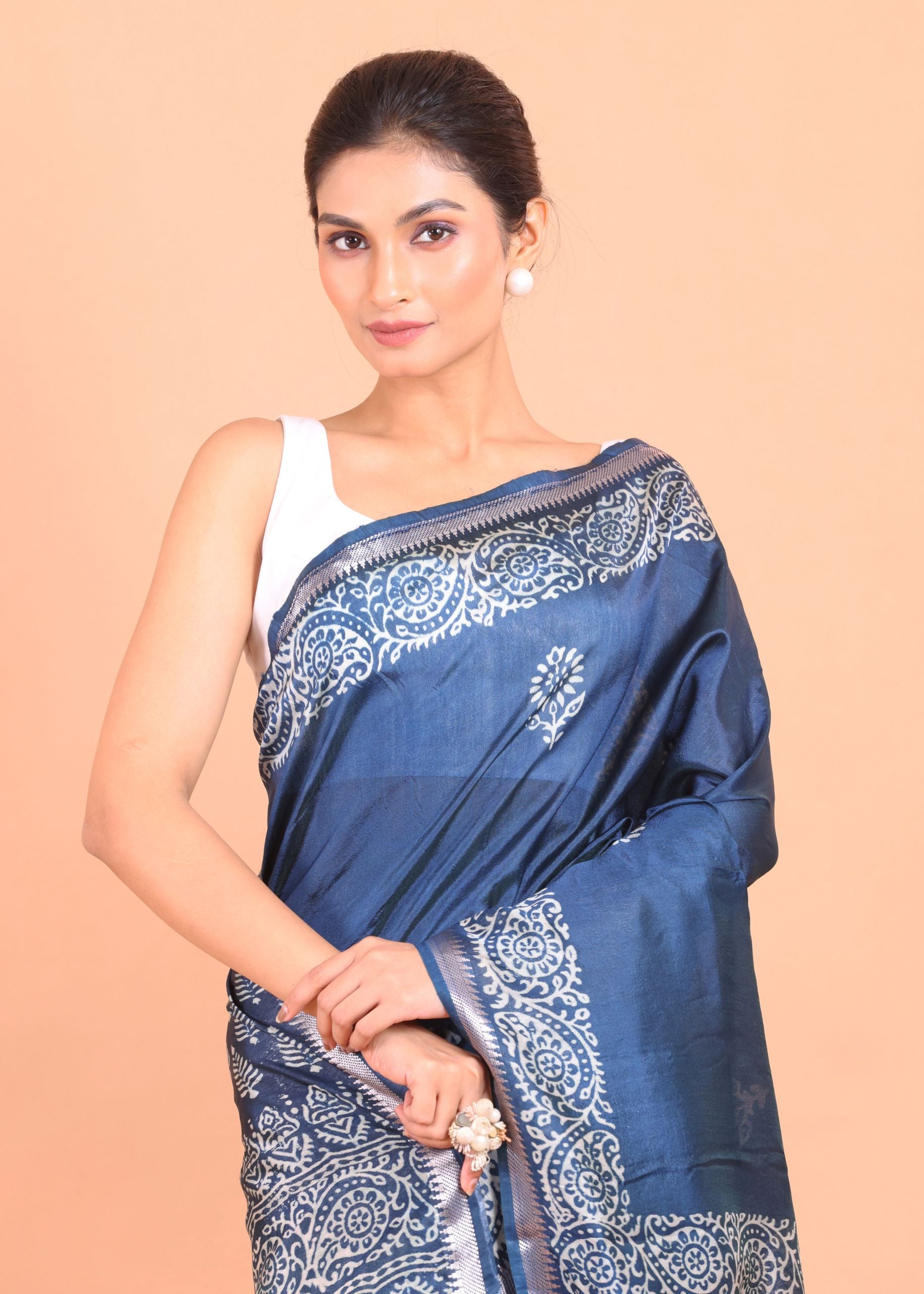 Blue and White Printed Pure Silk Saree Close Up