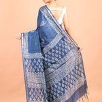 Blue and White Printed Pure Silk Saree Back