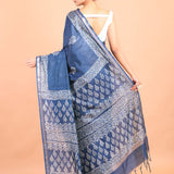 Blue and White Printed Pure Silk Saree Back