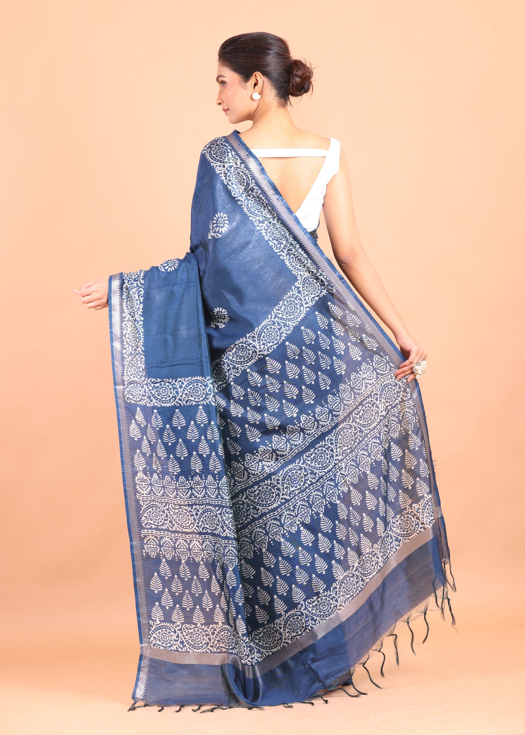 Blue and White Printed Pure Silk Saree Back